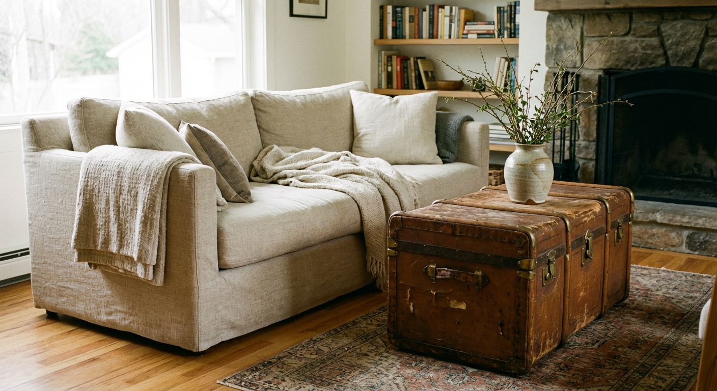 A cozy living room with a modern neutral sofa and an antique leather trunk used as a coffee table, with a single ceramic vase on top, photographed in daylight