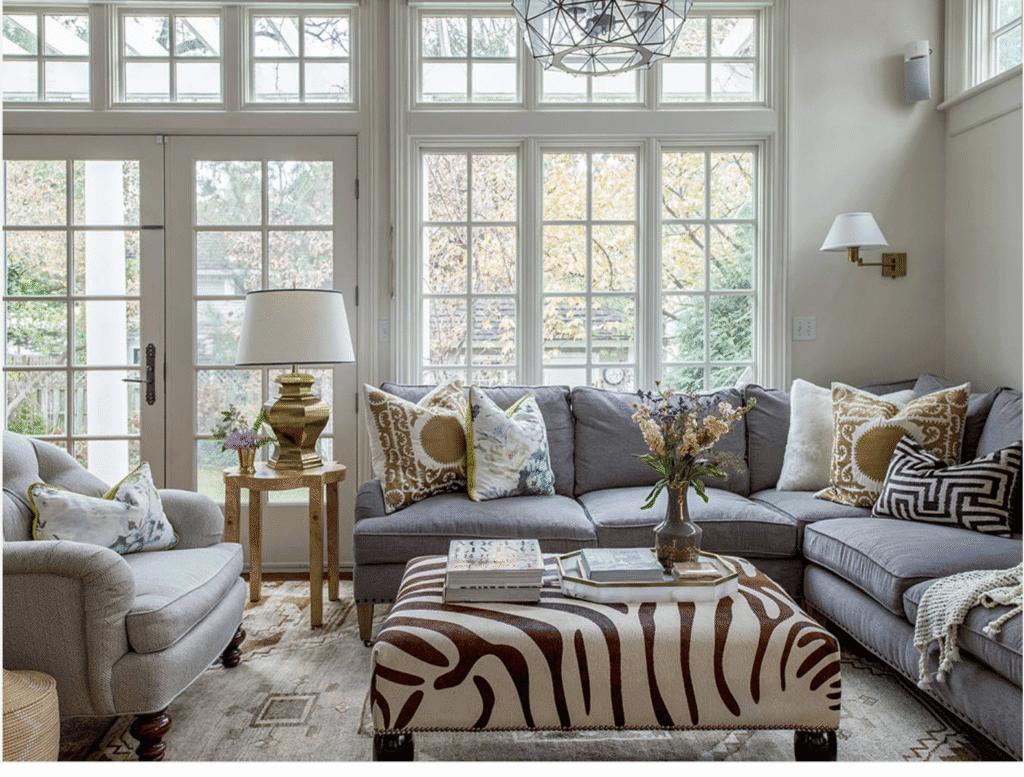 A cozy living room with a neutral sofa styled with striped, floral, and geometric throw pillows in a cohesive color palette, natural daylight, real home photography style