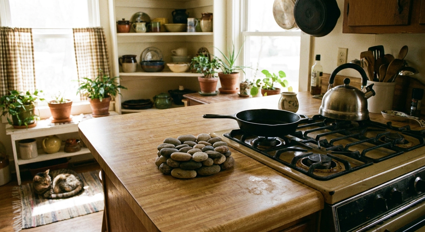 A cozy rental kitchen scene with a stone trivet placed beside a stovetop on a laminate counter, ready for hot pans