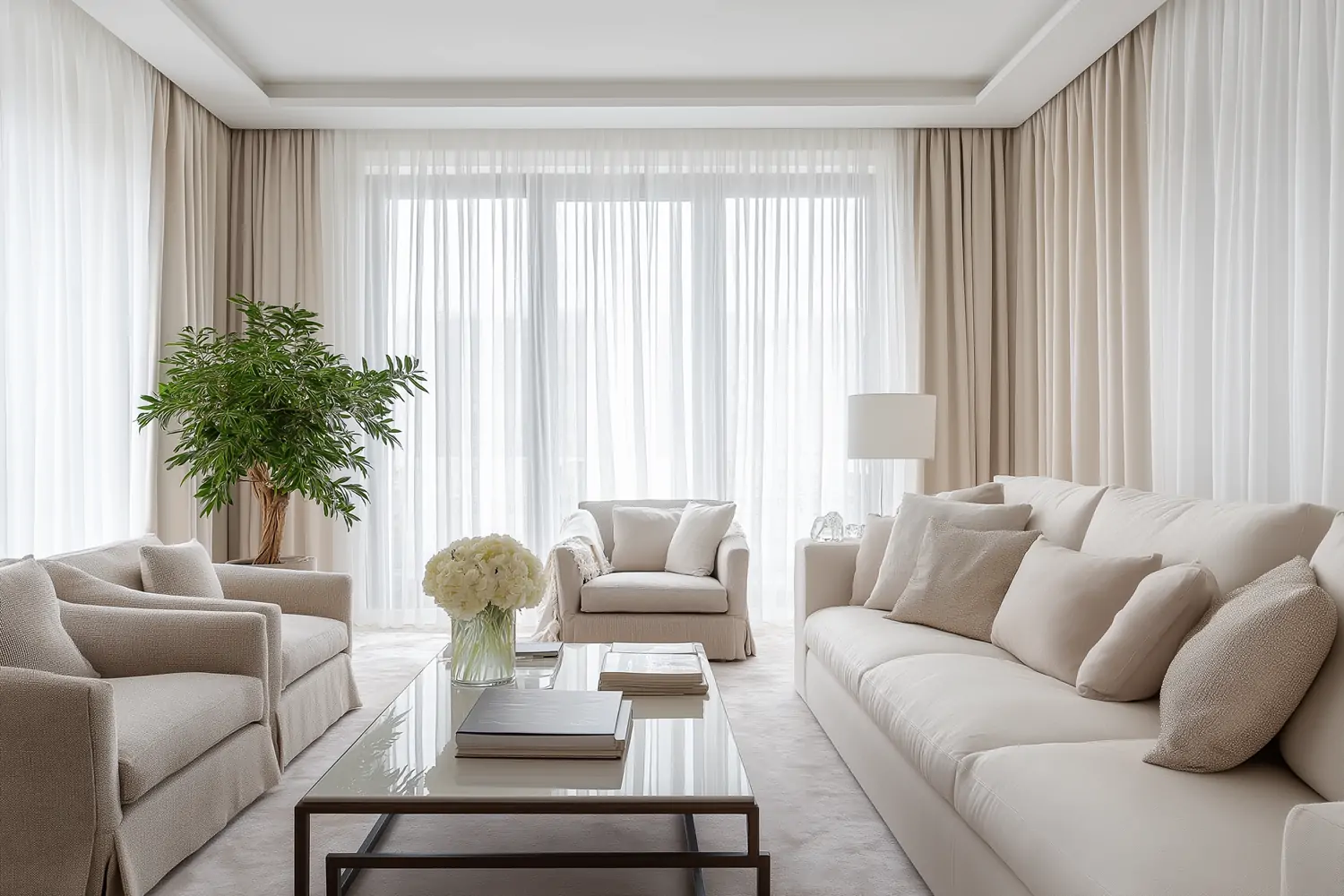 A cozy rental living room window with frosted film on the bottom pane and light curtains layered with thicker panels, warm lamp light at dusk, real photography style