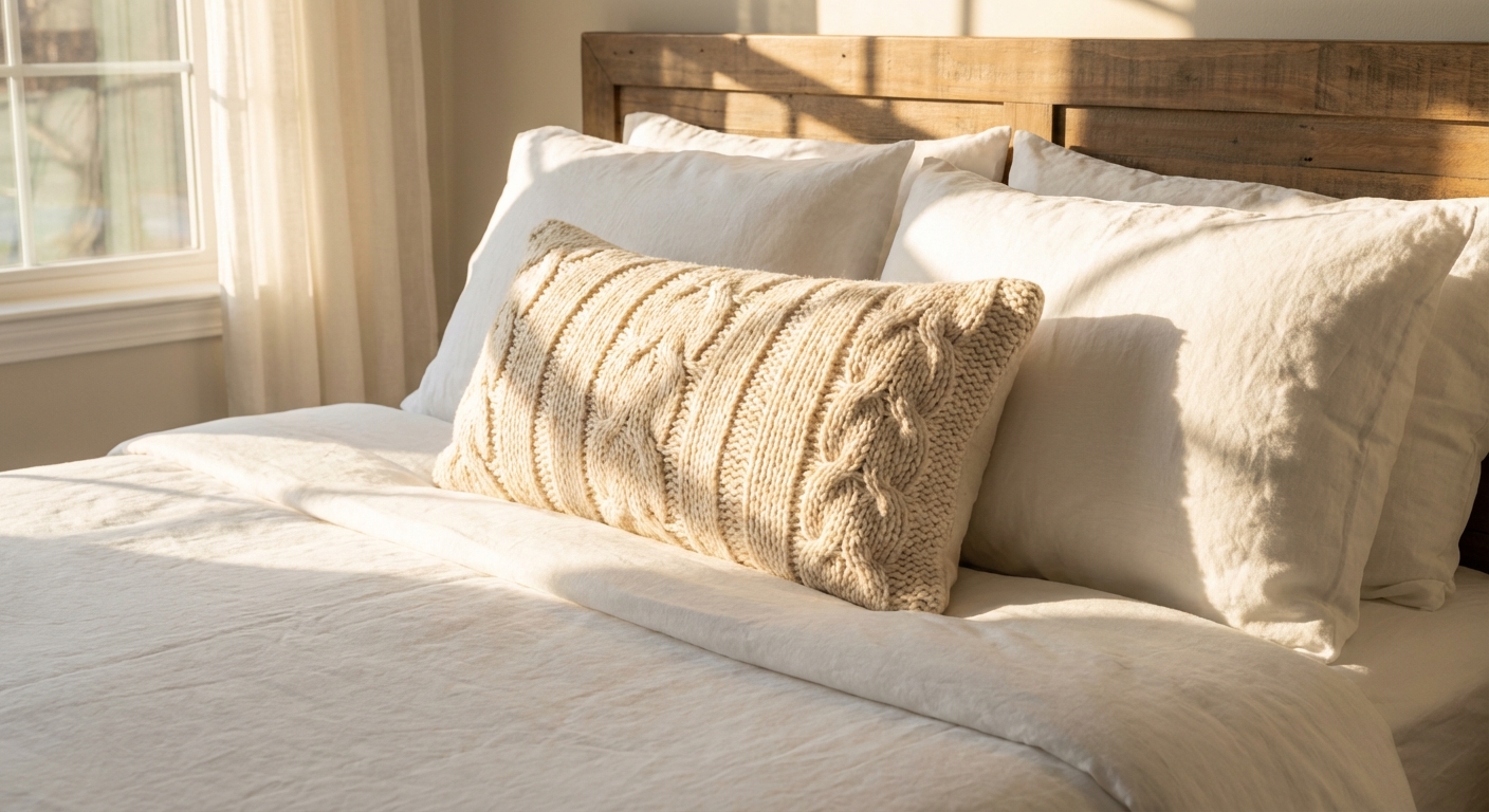 A cream cable-knit lumbar pillow placed on a neatly made bed with white linen bedding and a soft morning light, real photo