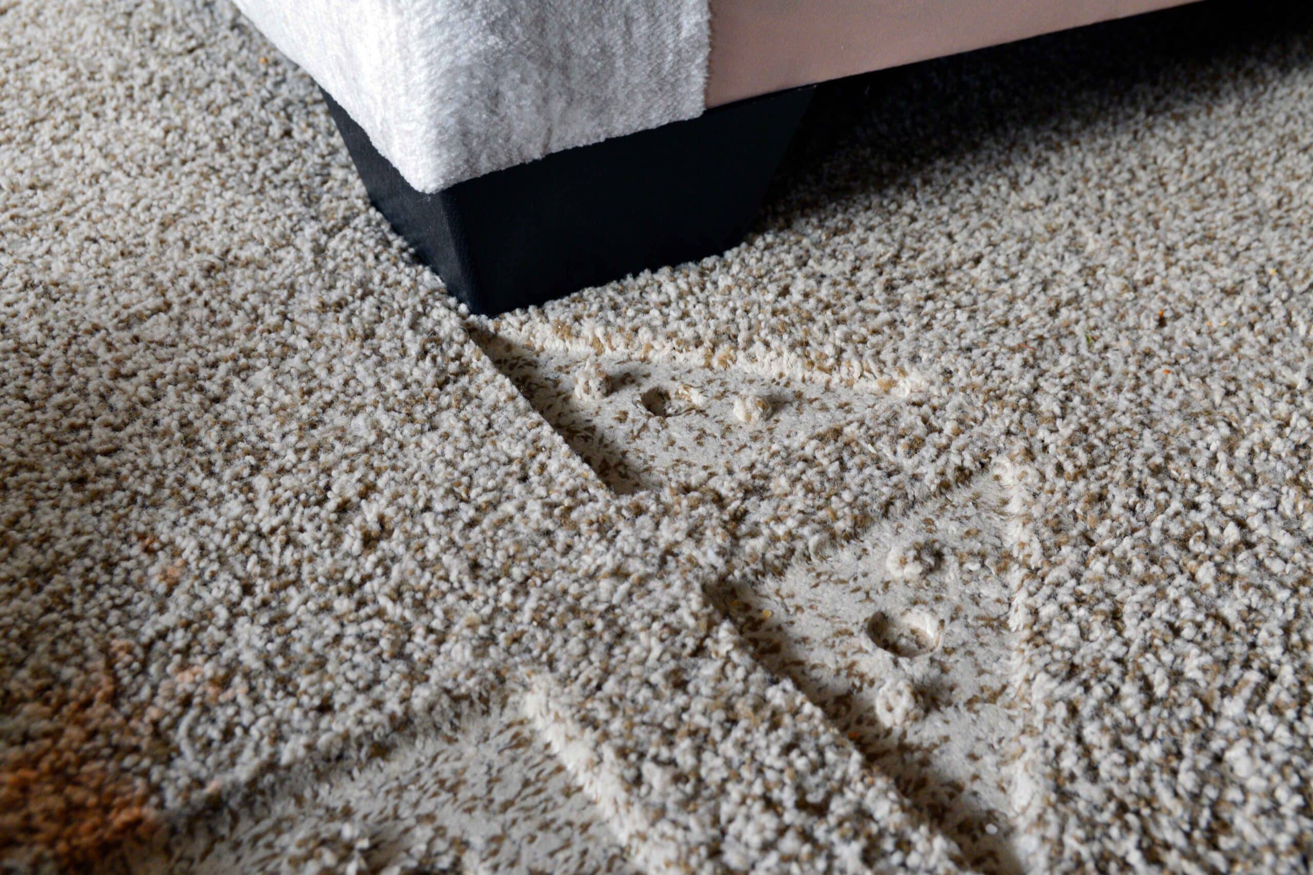 A cream shag area rug with flattened sections where a bed frame leg sat, with the shag fibers visibly pressed down