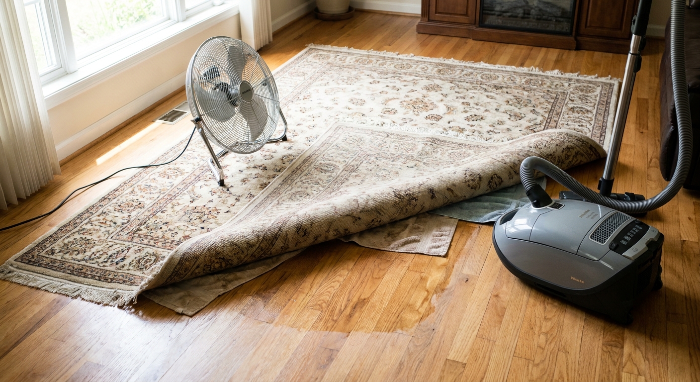A damp area rug partially lifted off a hardwood floor with a HEPA vacuum nearby and a fan aimed across the rug surface, natural window light, realistic home photograph