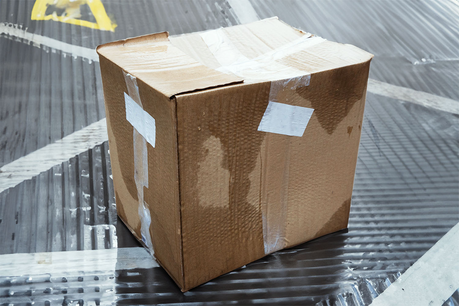 A damp cardboard shipping box opened on a floor with dark water stains visible inside the carton, next to a rolled area rug