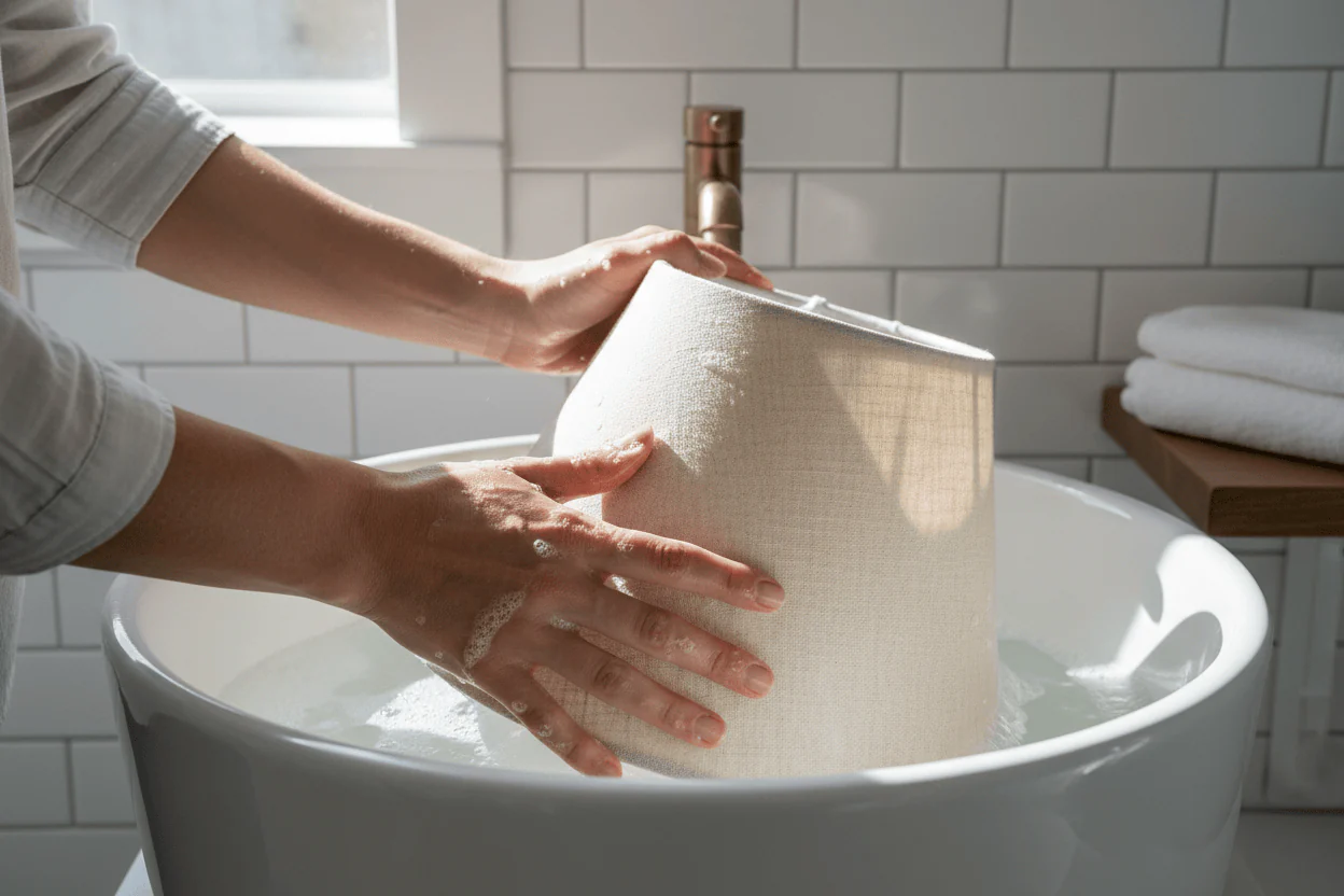 A damp fabric lampshade drying upright on a clean white towel near an open window with soft daylight, realistic home photo