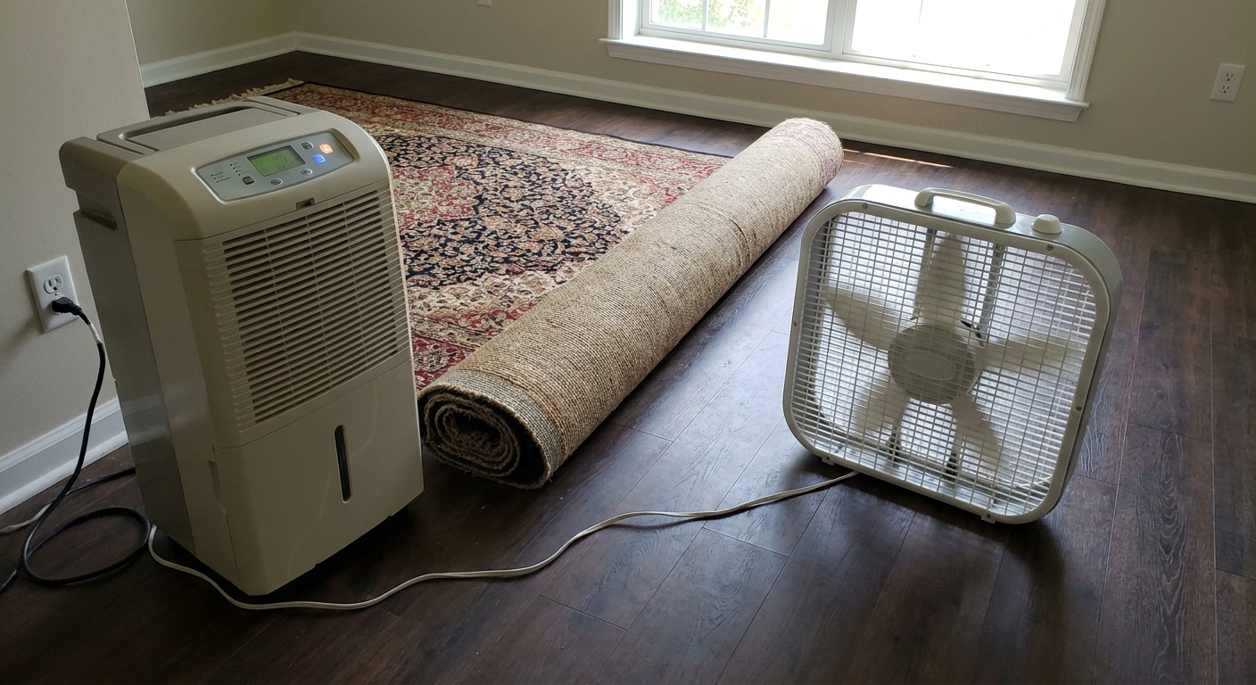 A dehumidifier running beside a rolled-back area rug while a box fan blows air across the exposed rug backing on a wood floor, realistic indoor photograph
