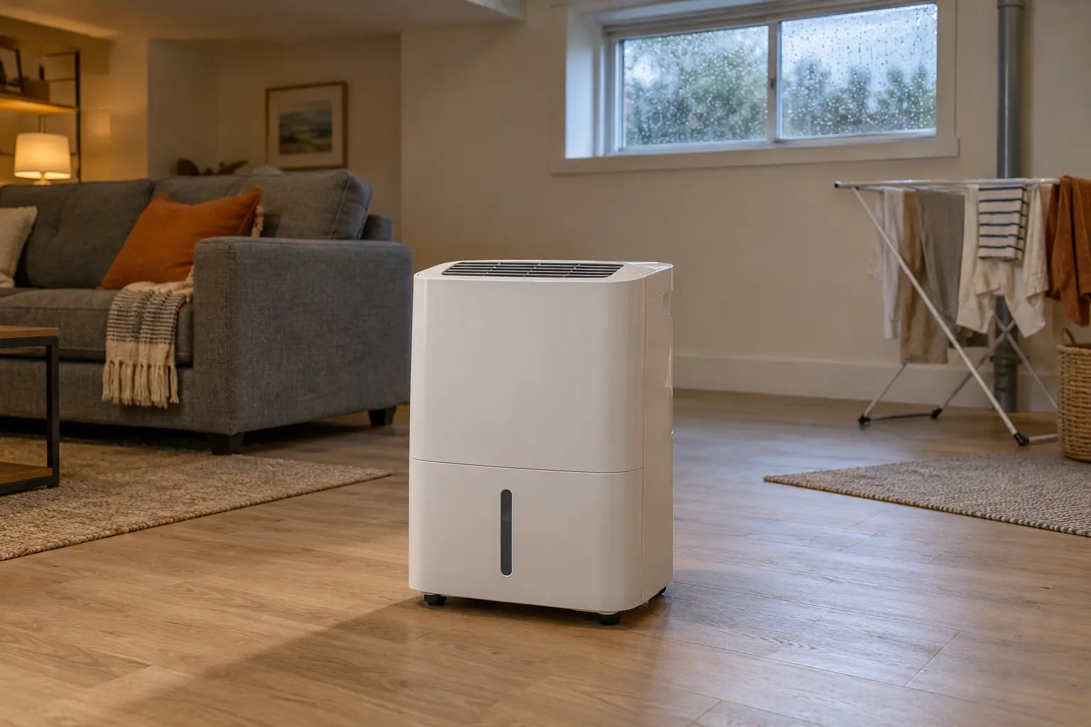 A dehumidifier running in a living room with a fan aimed at an exposed section of floor where a rug was removed