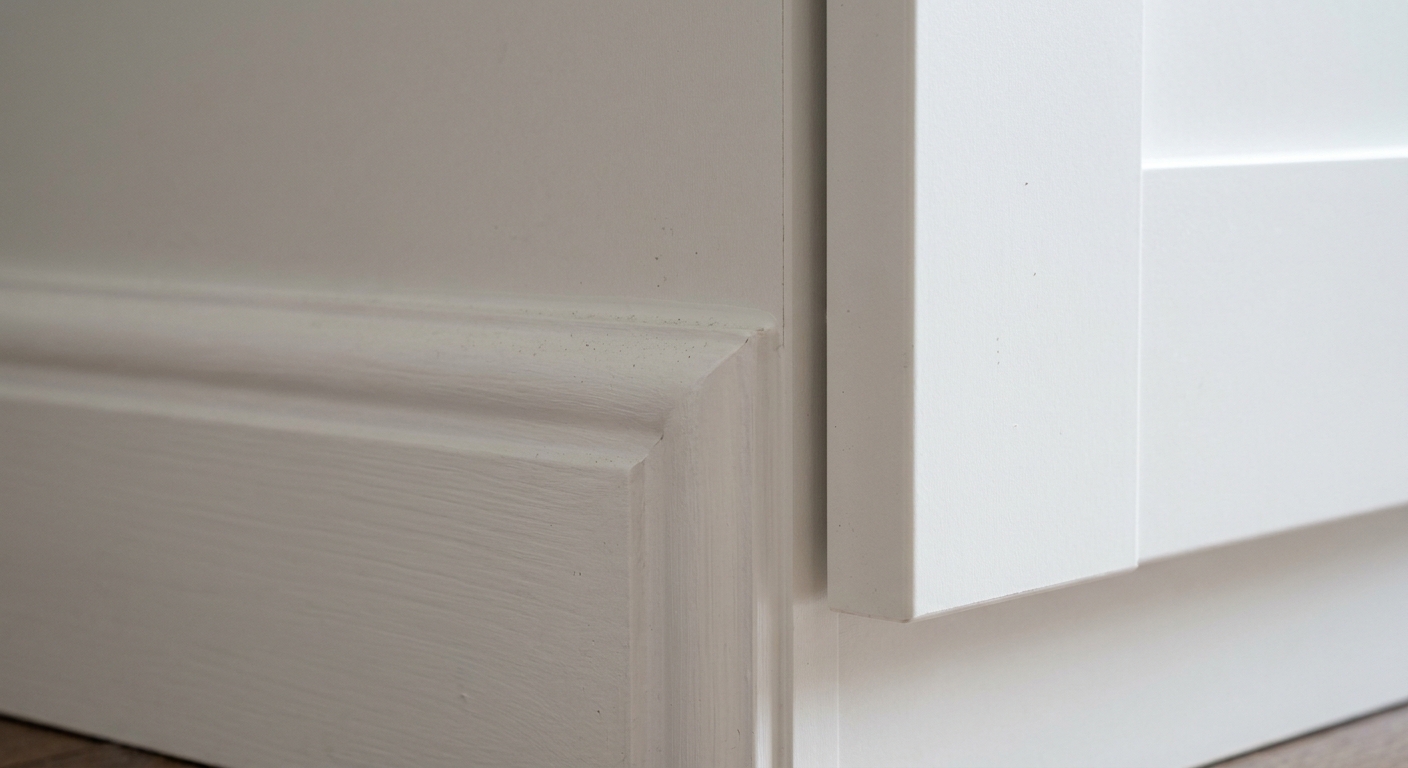 A detailed close-up of a white painted baseboard returning neatly into the side trim of an IKEA PAX wardrobe built-in, showing clean caulk lines and a seamless transition
