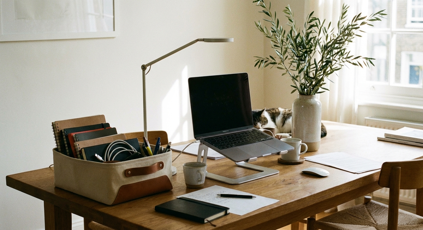 A dining room table used as a home office with a laptop on a stand, a slim task lamp, a storage box for supplies, and a vase of branches