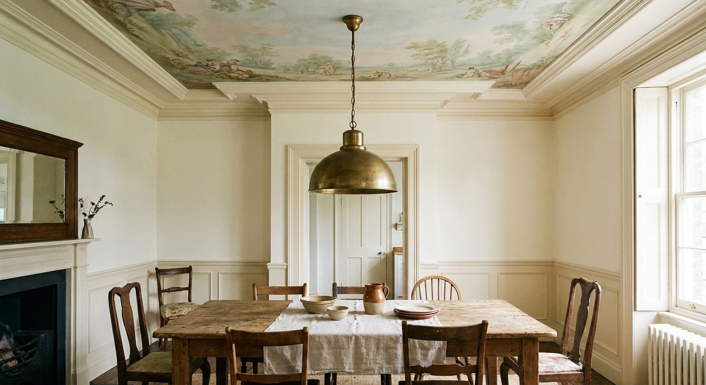 A dining room with a softly painted ceiling, white trim, and a brass pendant light above a vintage table, real interior photography style