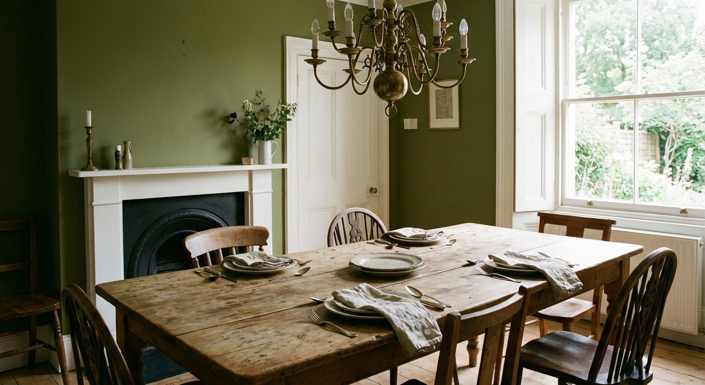 A dining room with olive green painted walls, a brass chandelier overhead, and a vintage dining table set with linen napkins, real interior photography style