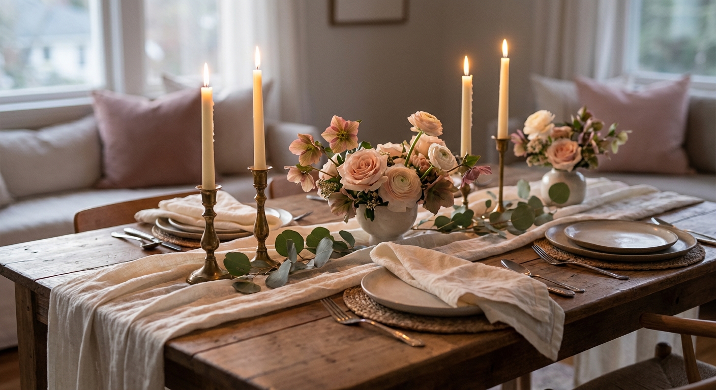 A dining table set with ivory linen napkins, a simple white runner, and three brass candlesticks with cream taper candles glowing at dusk, real photography style