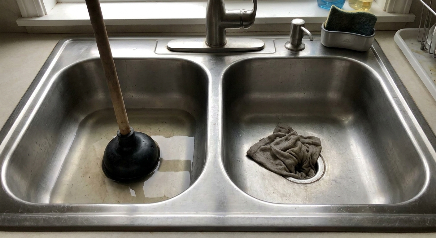 A double-basin stainless kitchen sink with a plunger in one bowl and a wet rag tightly sealing the other drain, realistic indoor photo