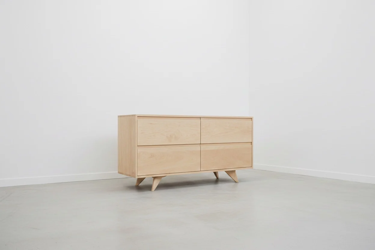 A dresser with all drawers removed and set on a clean floor to air out, with the dresser frame pulled away from the wall
