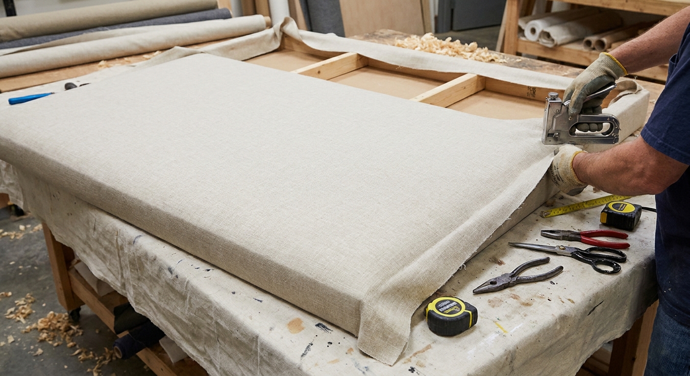 A fabric headboard mid-project with neutral linen-like upholstery being pulled taut and stapled along the back edge, with the front surface visible and smooth