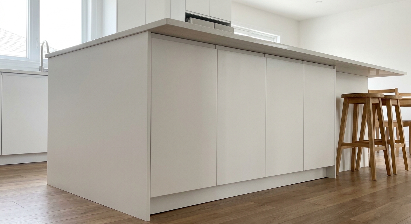 A finished Sektion kitchen island with smooth cover panels on the visible side, photographed from a slight angle to show clean edges and a seamless look