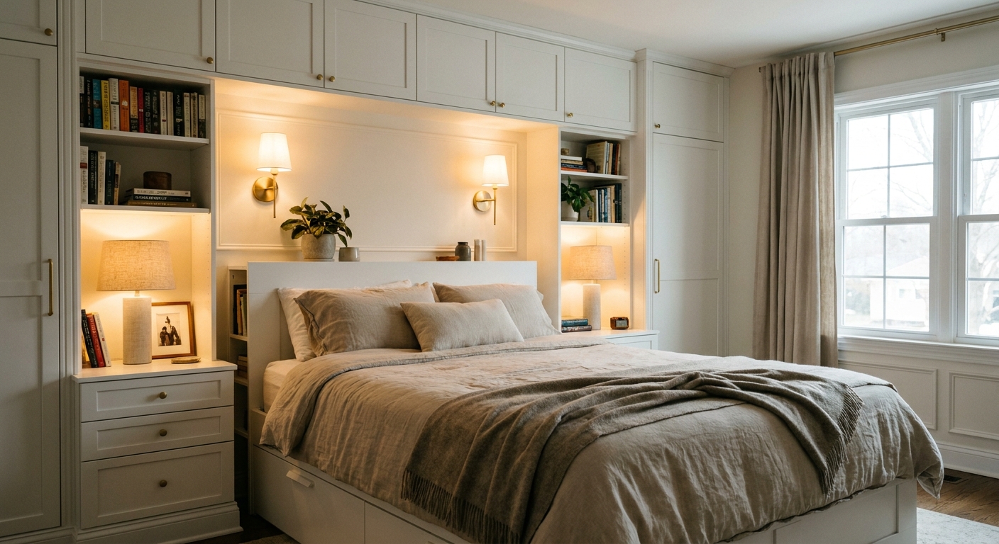 A finished bedroom with an IKEA BRIMNES storage bed styled to look built-in, with wall-to-wall trim, matching nightstands, and warm bedside lighting, real interior photography