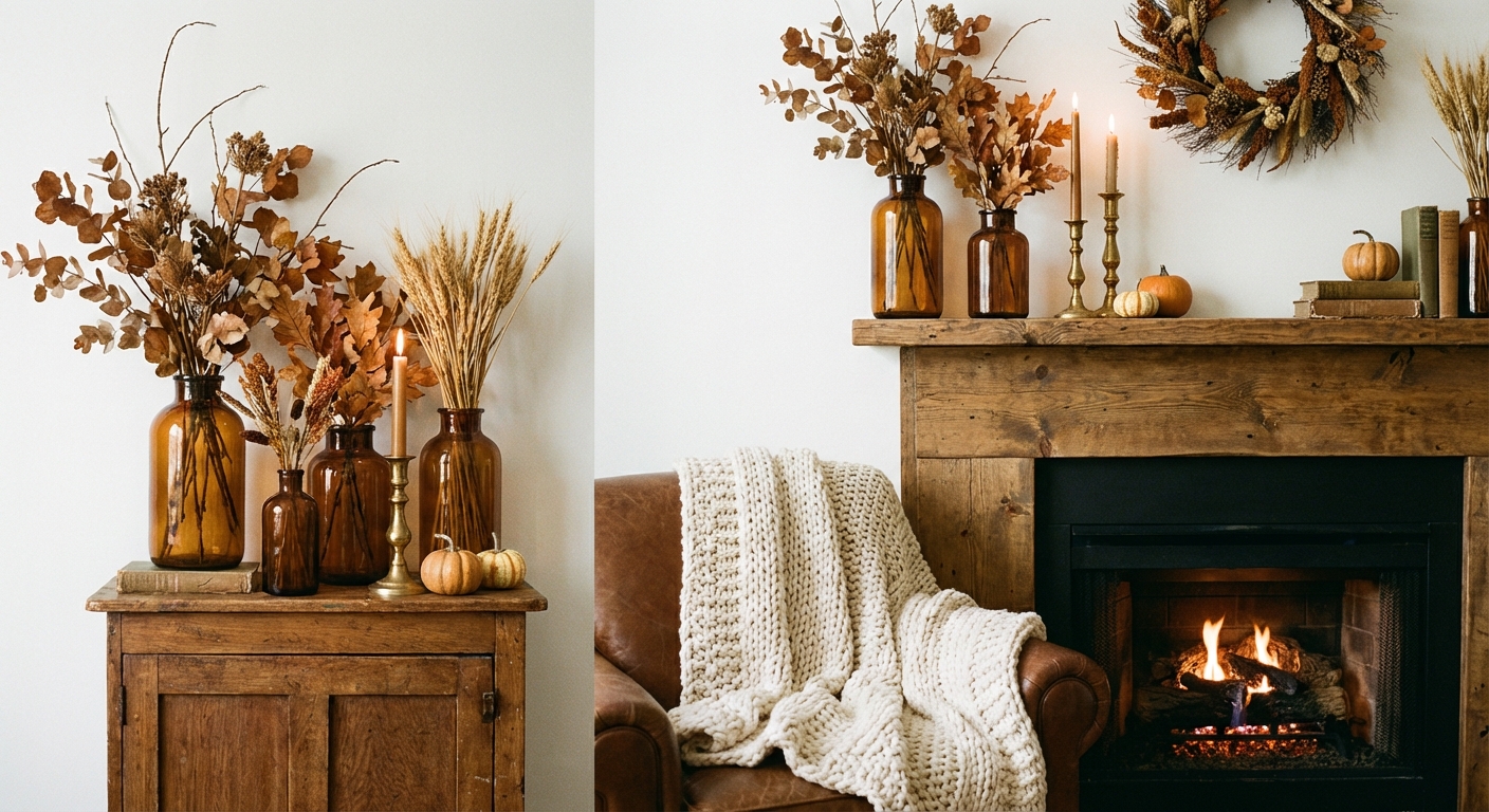 A fireplace mantel styled for fall with amber glass vases, dried branches in earthy tones, brass candlesticks, and a soft knit throw draped nearby
