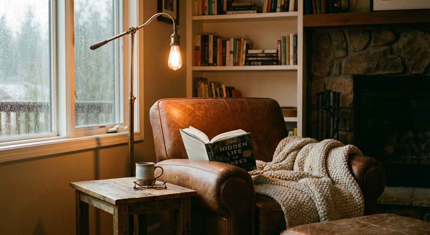 A floor lamp with a warm bulb beside a reading chair in a corner nook, casting soft light over a book and textured throw blanket, realistic interior photograph