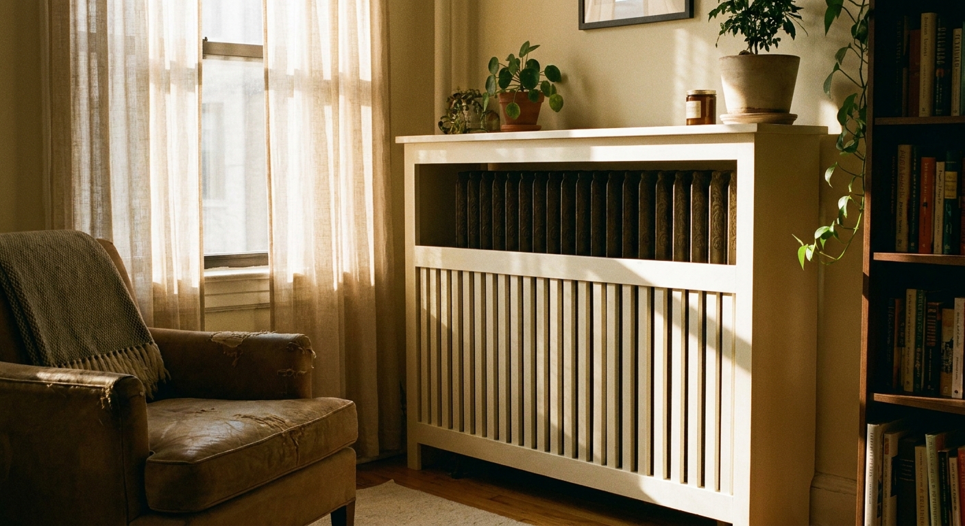 A freestanding radiator cover in a small apartment living room, painted warm white with a slatted front, placed a few inches away from a cast iron radiator with sunlight coming through linen curtains