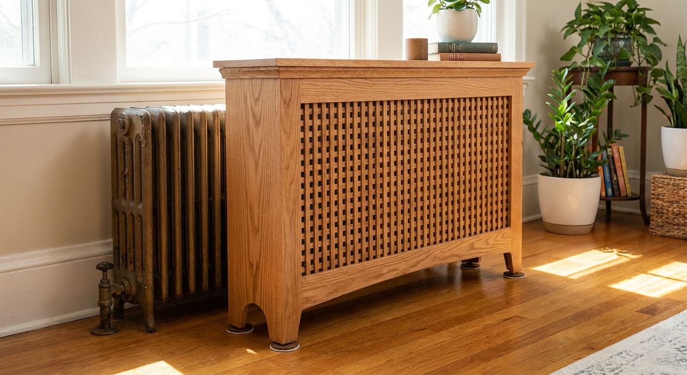 A freestanding radiator cover sitting on hardwood flooring with small felt pads visible at the base, positioned slightly away from a cast iron radiator