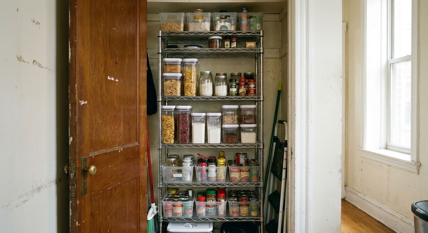A freestanding wire shelving unit inside a narrow closet holding pantry staples in clear bins and jars, photographed in a real apartment