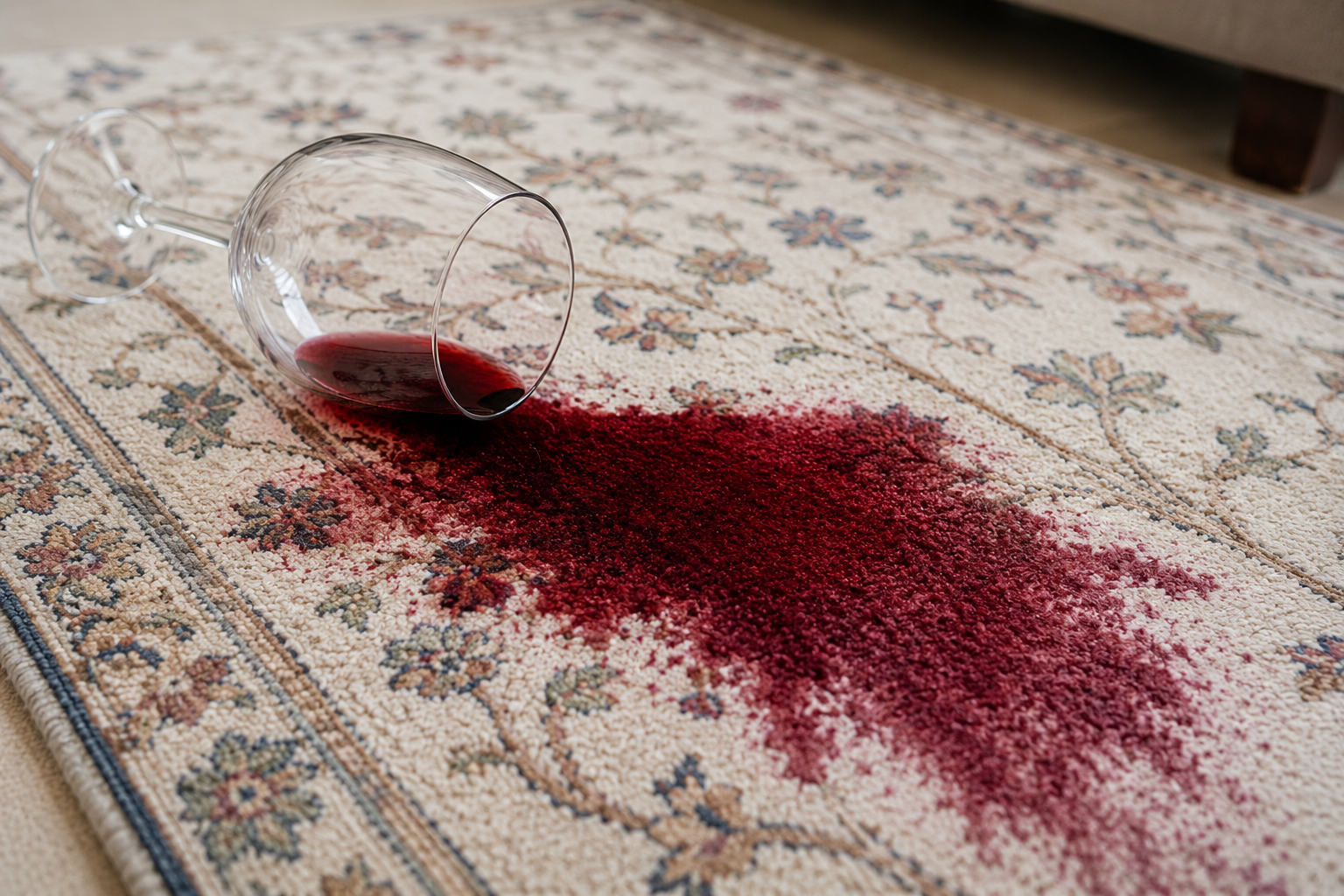A fresh red wine spill soaking into a light-colored area rug next to an overturned wine glass on a living room floor