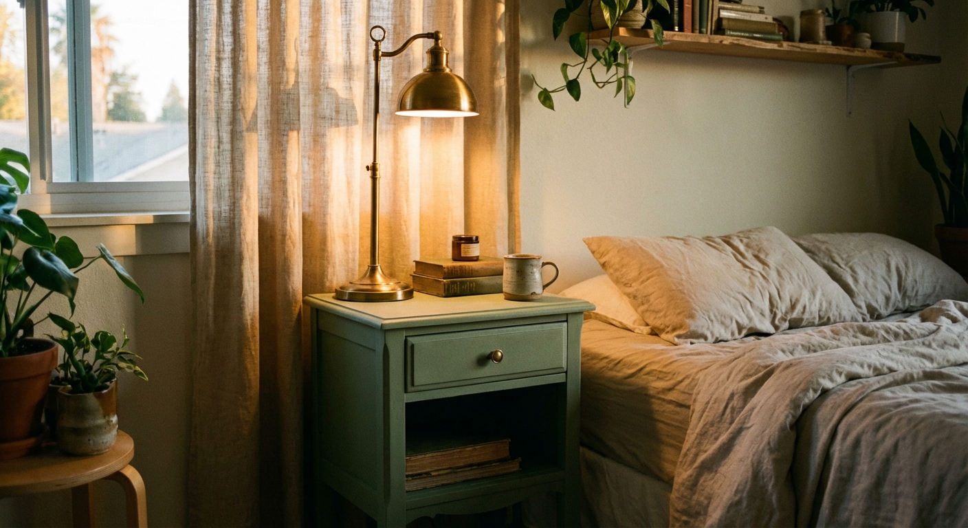 A freshly painted thrifted nightstand in a cozy bedroom with a brass lamp and a linen curtain glowing in warm evening light, real photography style