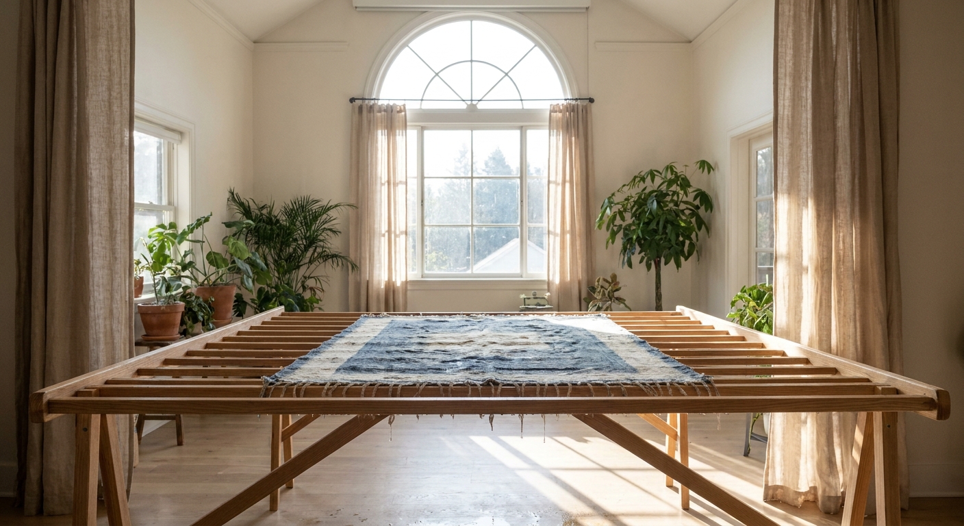 A freshly washed small rug laid flat to dry on a large rack in an airy room with natural light