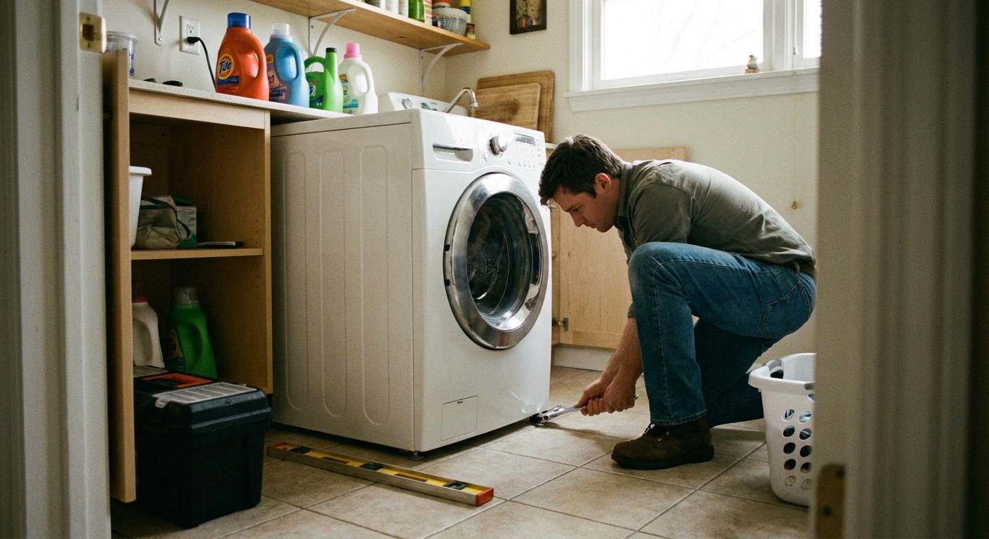 A front-load washing machine pulled slightly forward with a person tightening a leveling foot lock nut near the bottom corner, home interior photo
