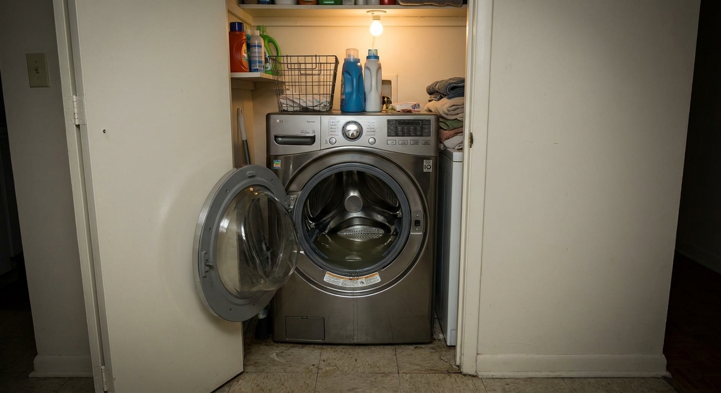 A front-loading washing machine in a small apartment laundry closet with the door open, showing standing water pooled at the bottom of the drum, realistic indoor photo