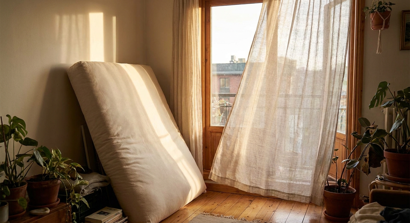 A futon mattress propped upright near an open apartment window with sheer linen curtains and soft morning light, real-life home photo.
