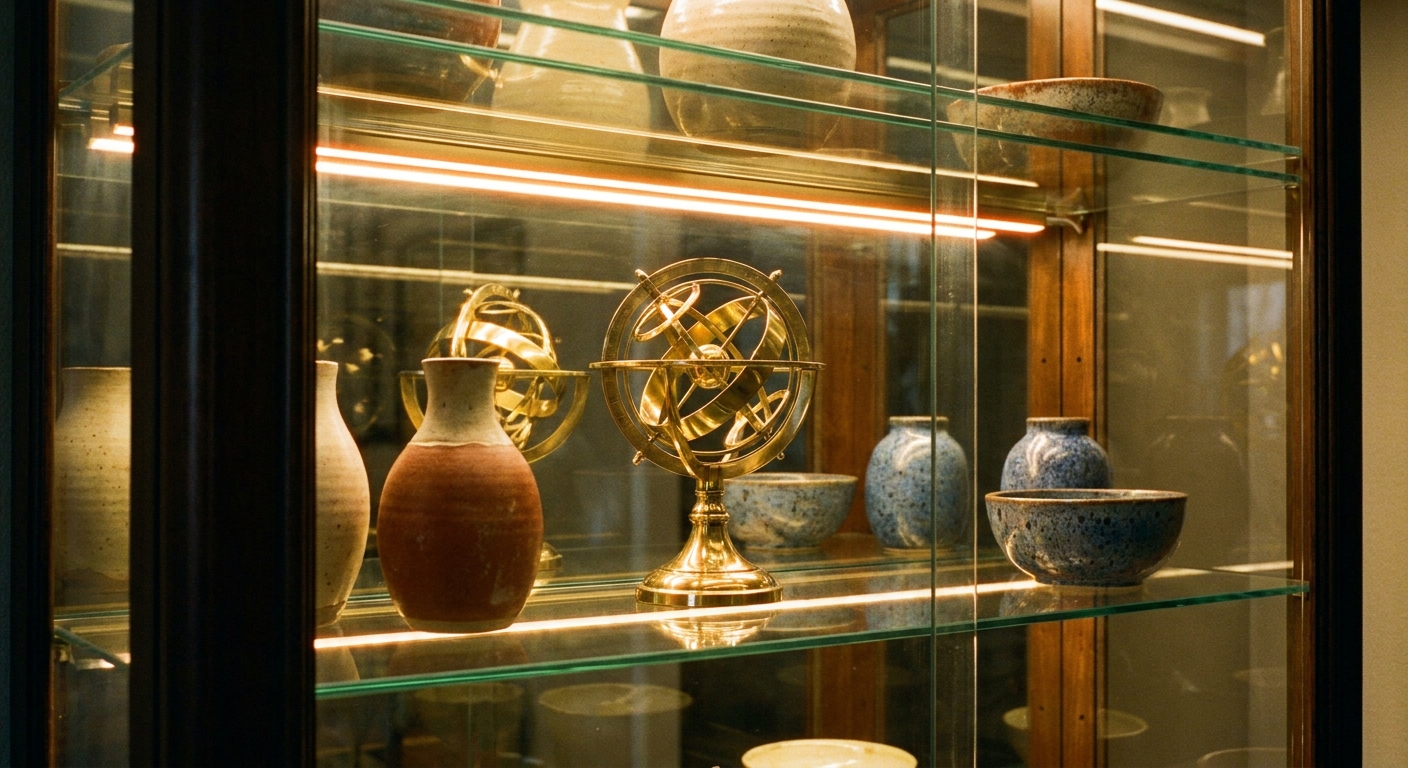 A glass display cabinet interior lit with warm LED strip lighting, reflecting softly on glass shelves and highlighting a few ceramic pieces and a brass object