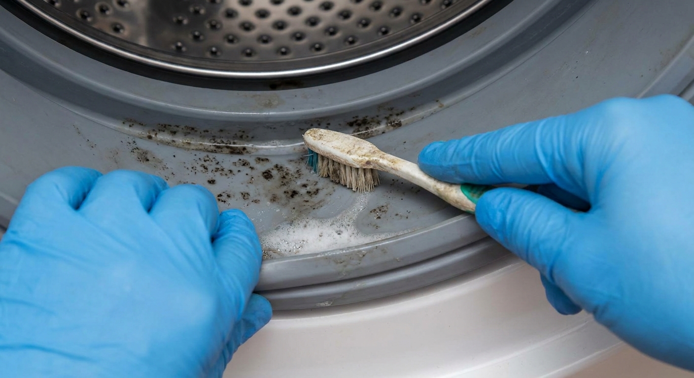 A gloved hand using a small toothbrush to scrub mold from the inner fold of a front-load washer rubber gasket