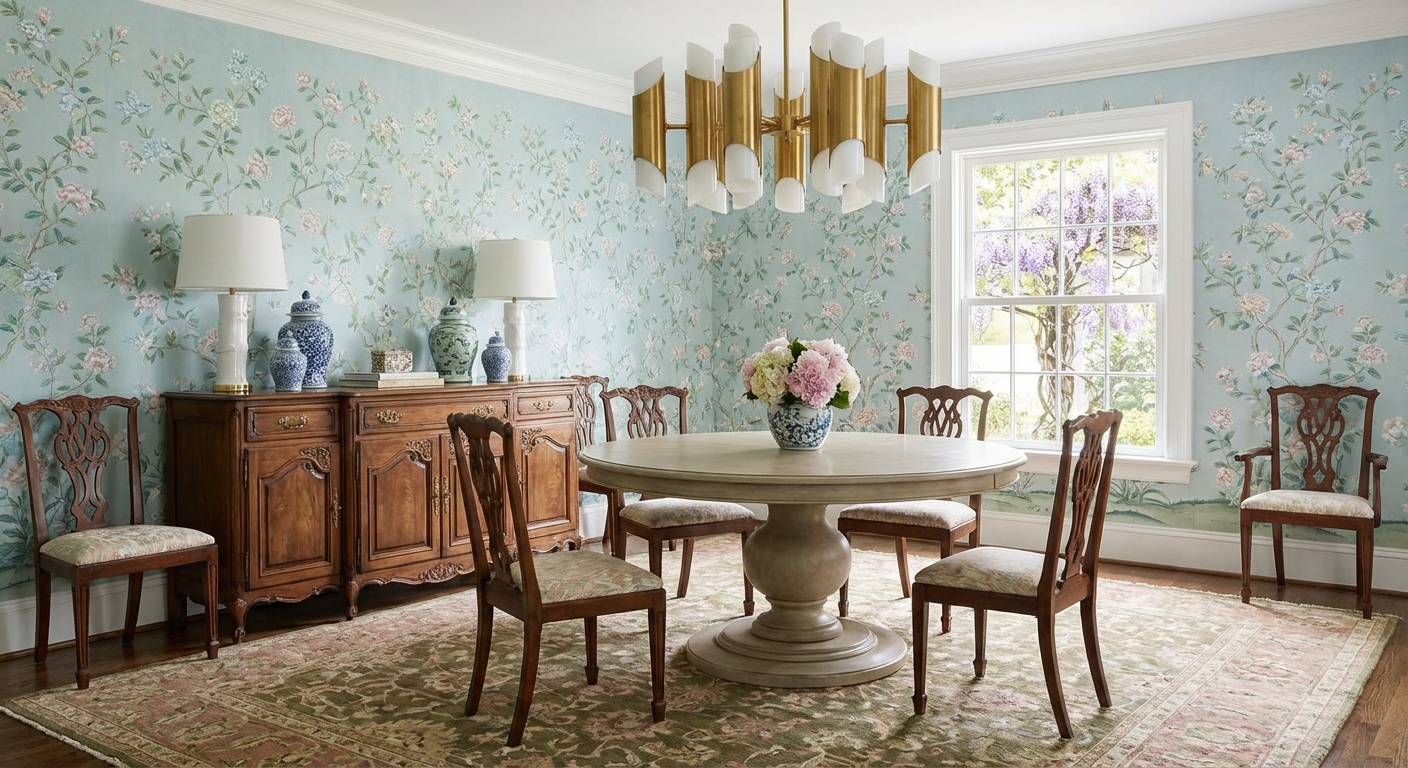 A grandmillennial dining room with soft floral wallpaper, a vintage wood sideboard, a modern light fixture overhead, and a large rug in muted tones