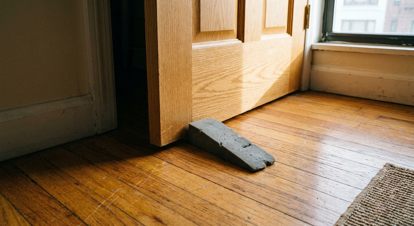 A gray foam wedge door stop tucked under a light wood interior door on a warm-toned apartment floor, realistic photography