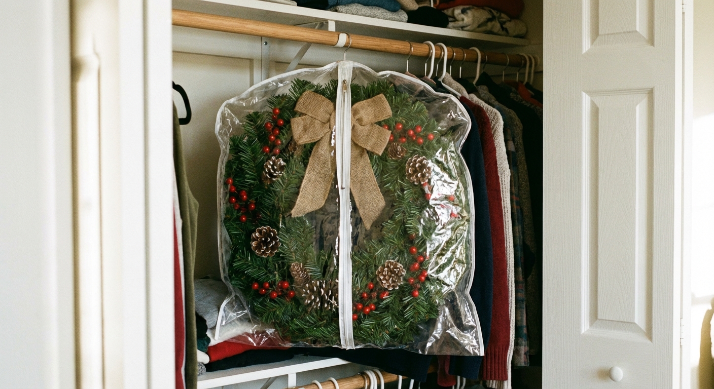 A green holiday wreath hanging inside a clear zippered garment bag on a closet rod, realistic home photography