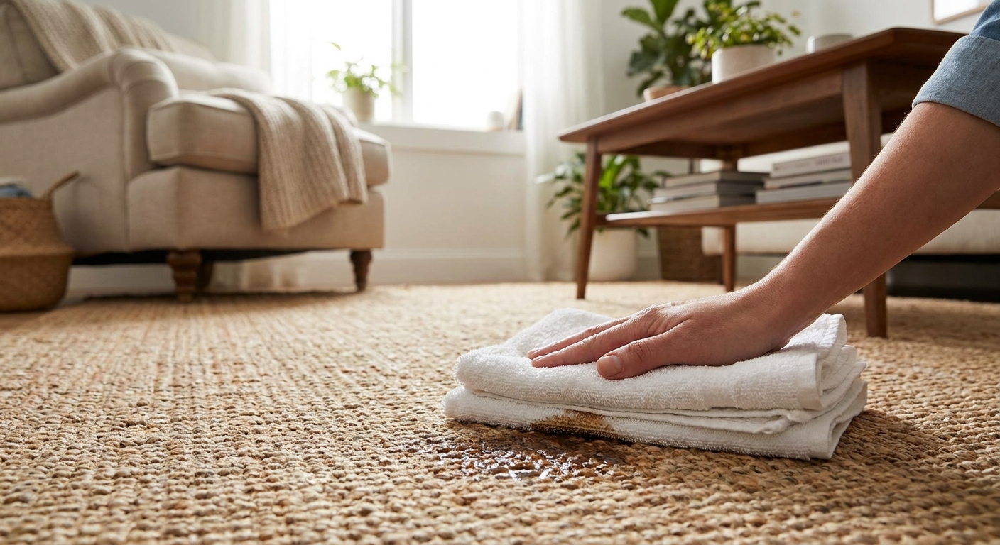 A hand blotting a fresh spill on a jute rug with white towels in a cozy living room, natural daylight, realistic home photography