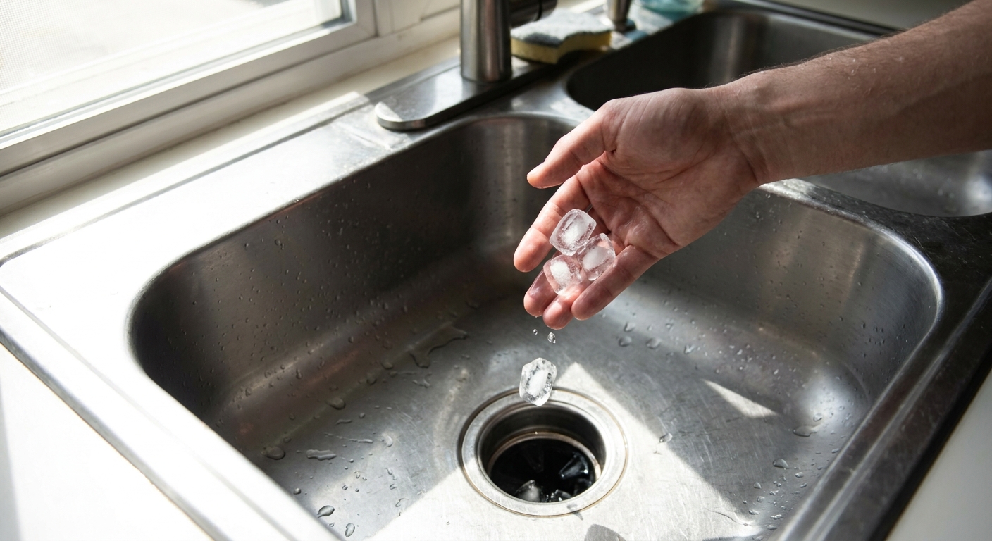 A hand dropping a small handful of ice cubes into a kitchen sink drain with a garbage disposal, bright natural light, realistic photo