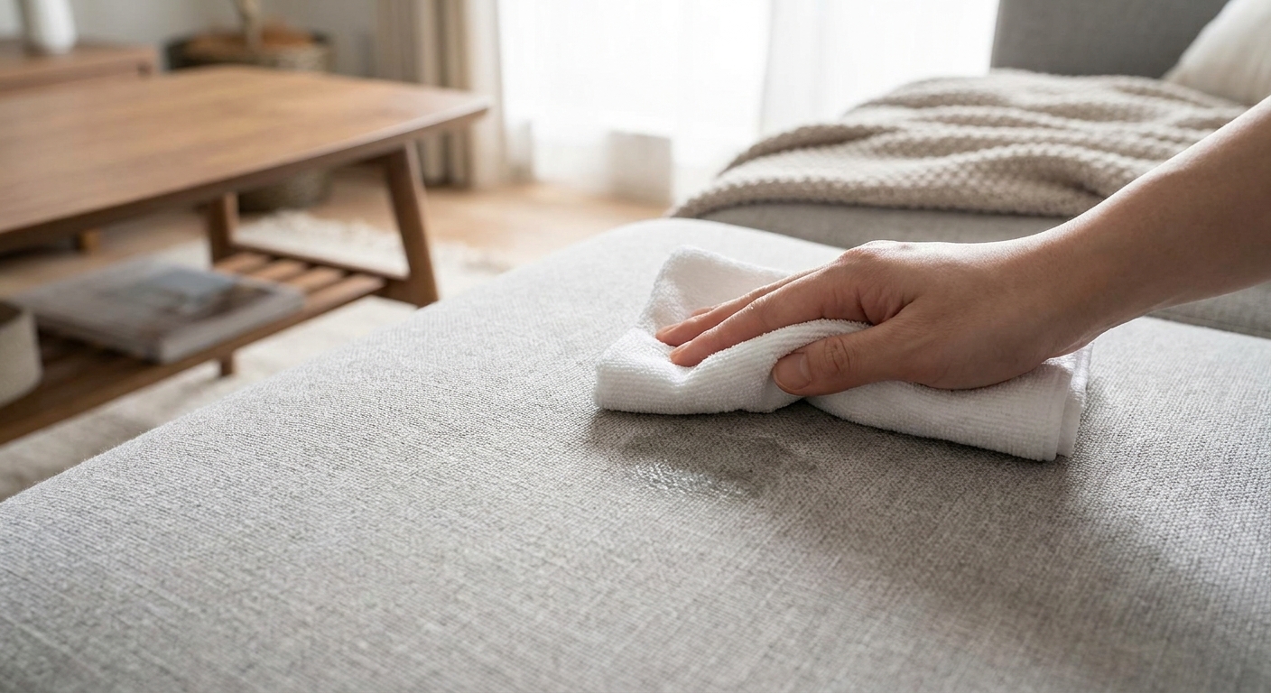 A hand gently blotting a light gray polyester sofa cushion with a white microfiber cloth, close-up realistic home photo with soft natural light
