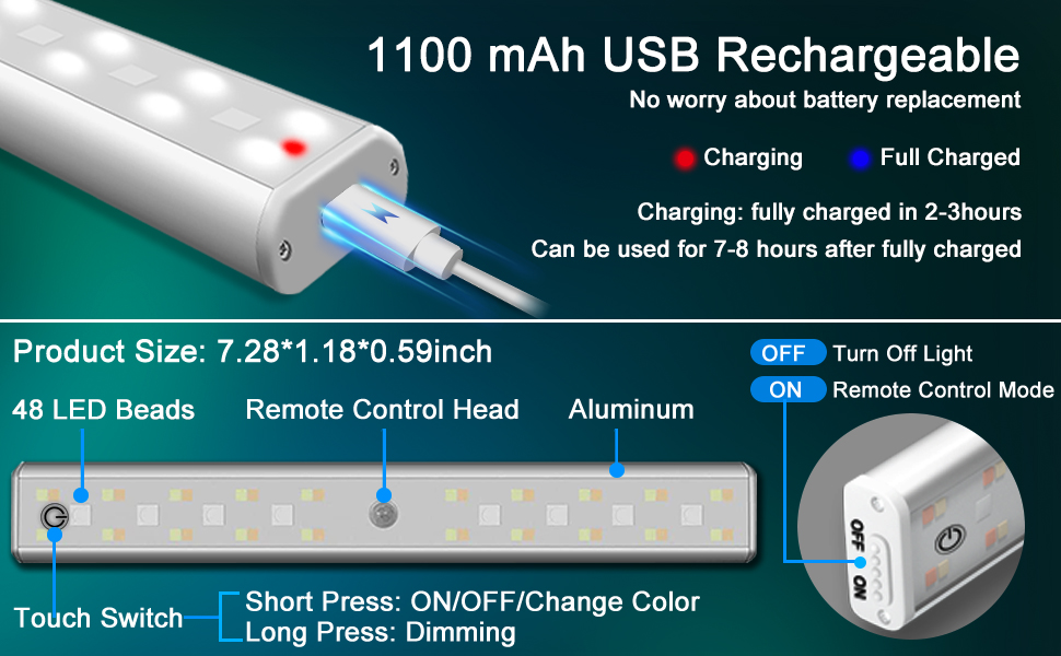 A hand holding a slim rechargeable under-cabinet light bar that has been removed from its magnetic mount, with a USB-C cable plugged in at a kitchen counter