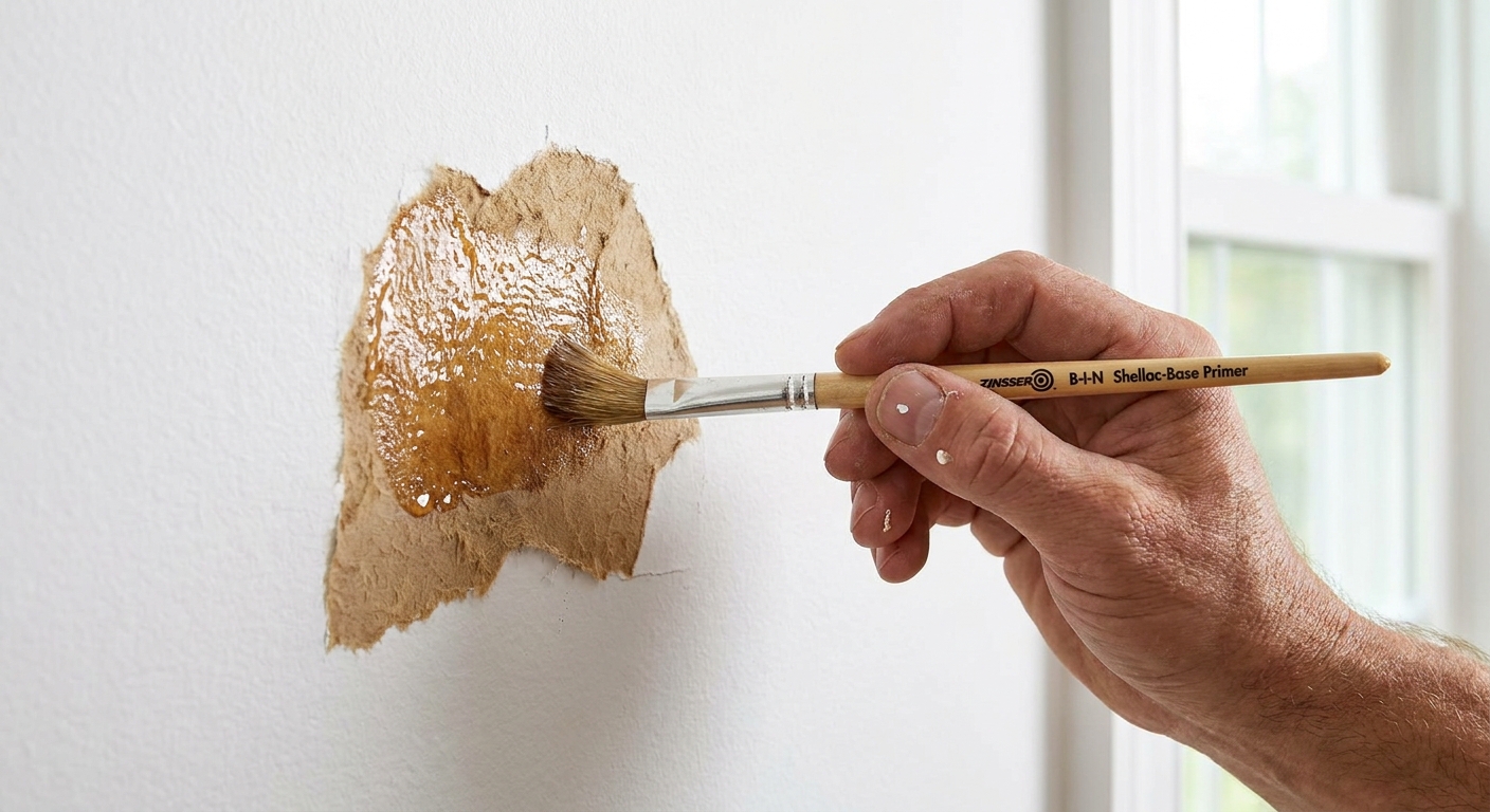 A hand holding a small brush applying clear-to-amber shellac-based primer over a fuzzy torn patch of drywall paper on a white painted wall