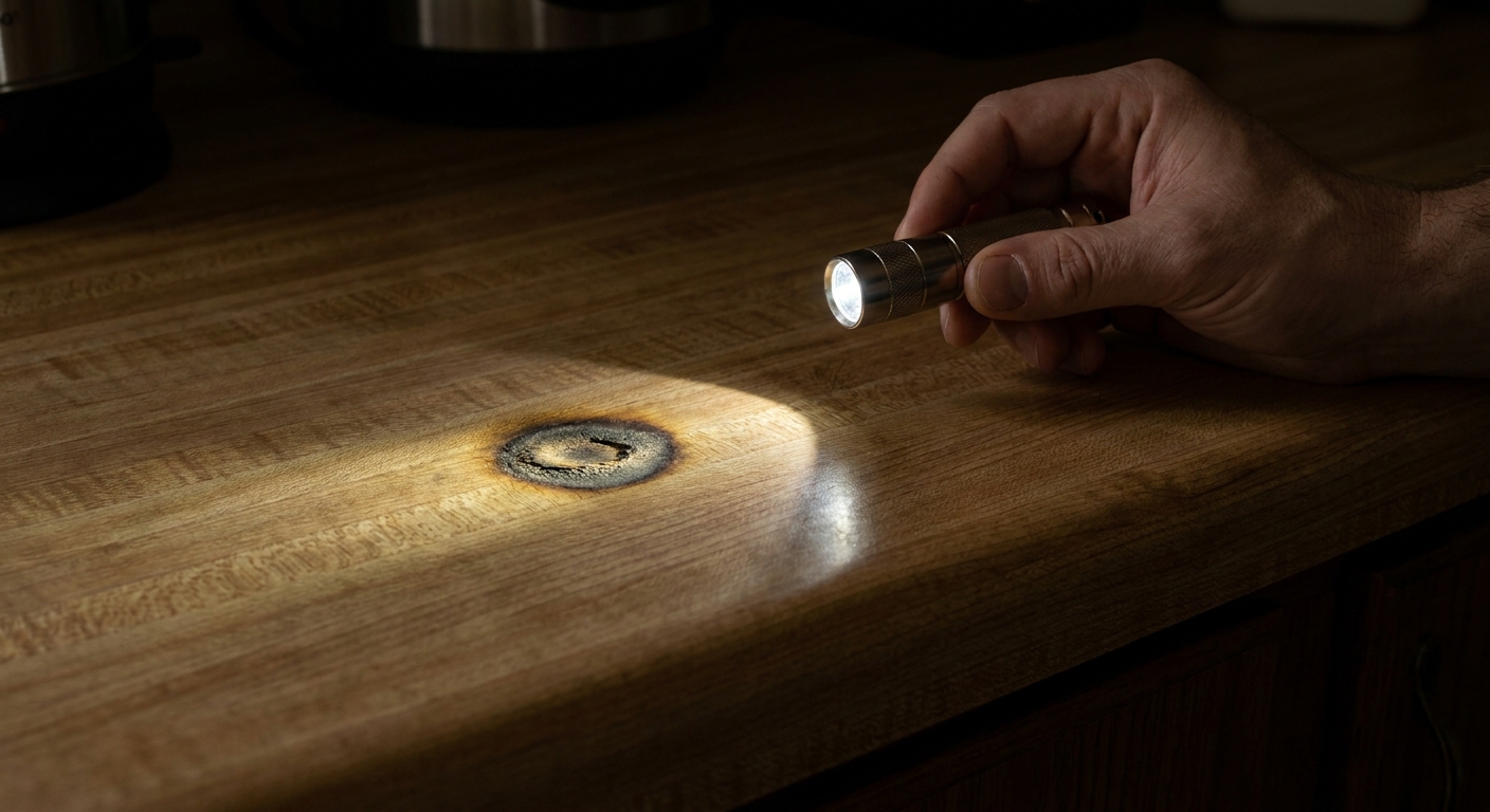 A hand holding a small flashlight low to a laminate countertop to show a burn mark texture and slight dip with raking light