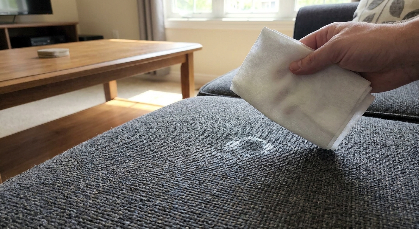 A hand holding a white cloth lightly dampened with isopropyl alcohol near a textured polyester sofa cushion, close-up realistic home cleaning photo