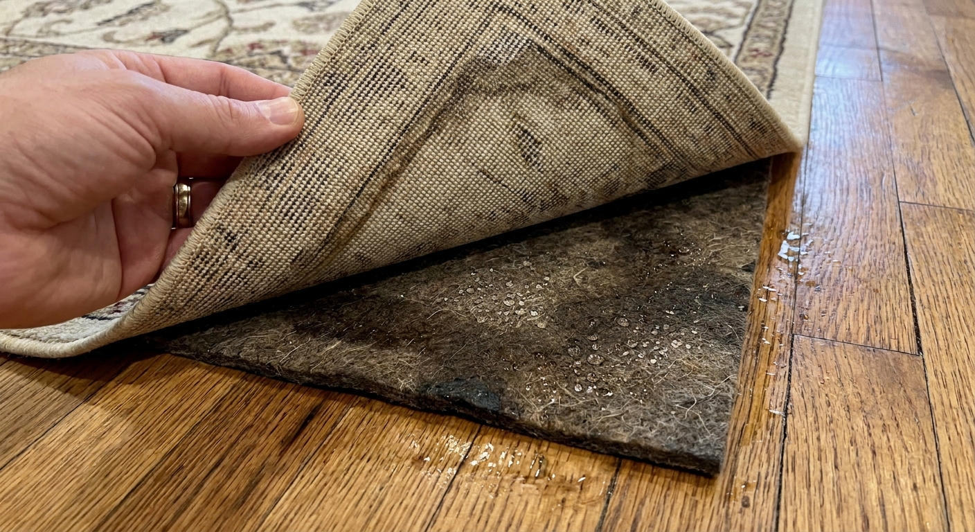 A hand lifting the corner of an area rug to reveal a damp rug pad underneath on hardwood flooring, showing how moisture can wick upward