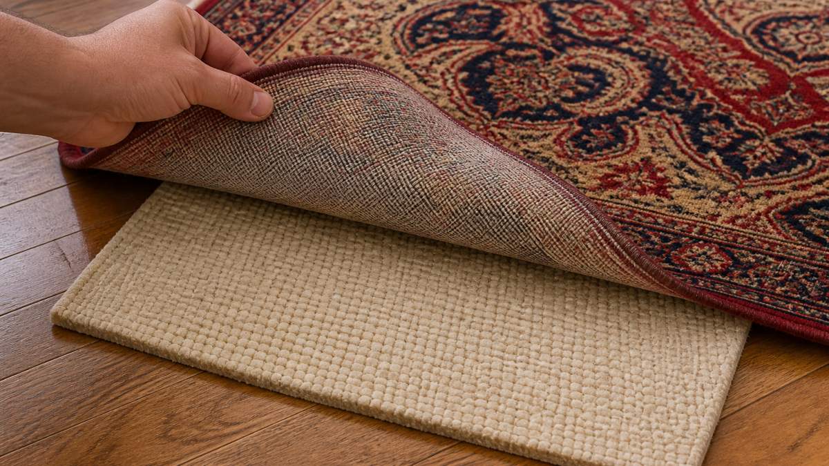 A hand lifting the corner of an area rug to reveal a rug pad with compressed dents beneath where furniture legs were placed