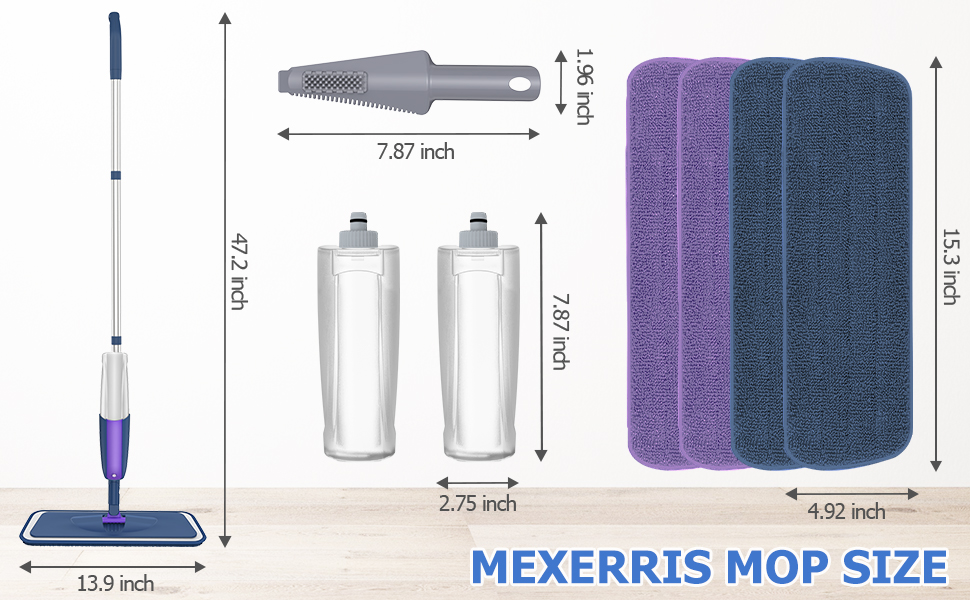 A hand misting a diluted floor cleaner from a clear spray bottle onto a clean microfiber mop pad over a bucket