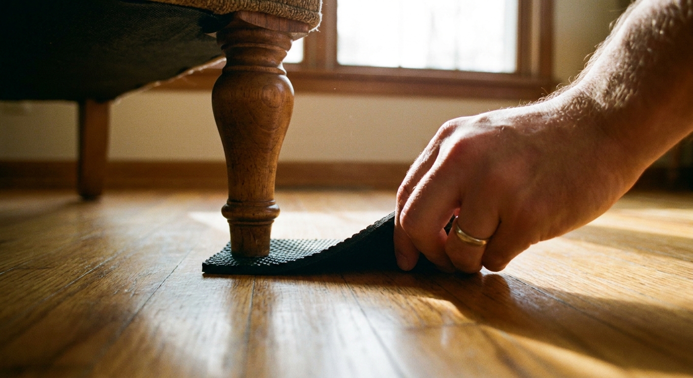 A hand placing a non-marking rubber gripper pad under a wooden sofa leg on a smooth hardwood floor, close-up home photography