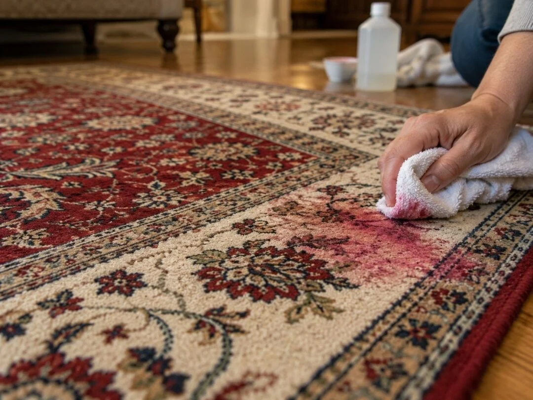 A hand pressing a white cloth onto a small hidden corner of a patterned rug to check for dye transfer