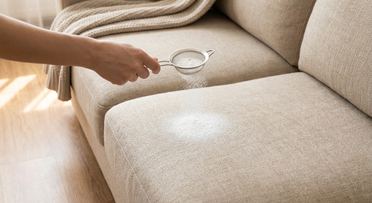 A hand sprinkling a light layer of baking soda onto a neutral fabric sofa seat cushion in a home setting, realistic photo